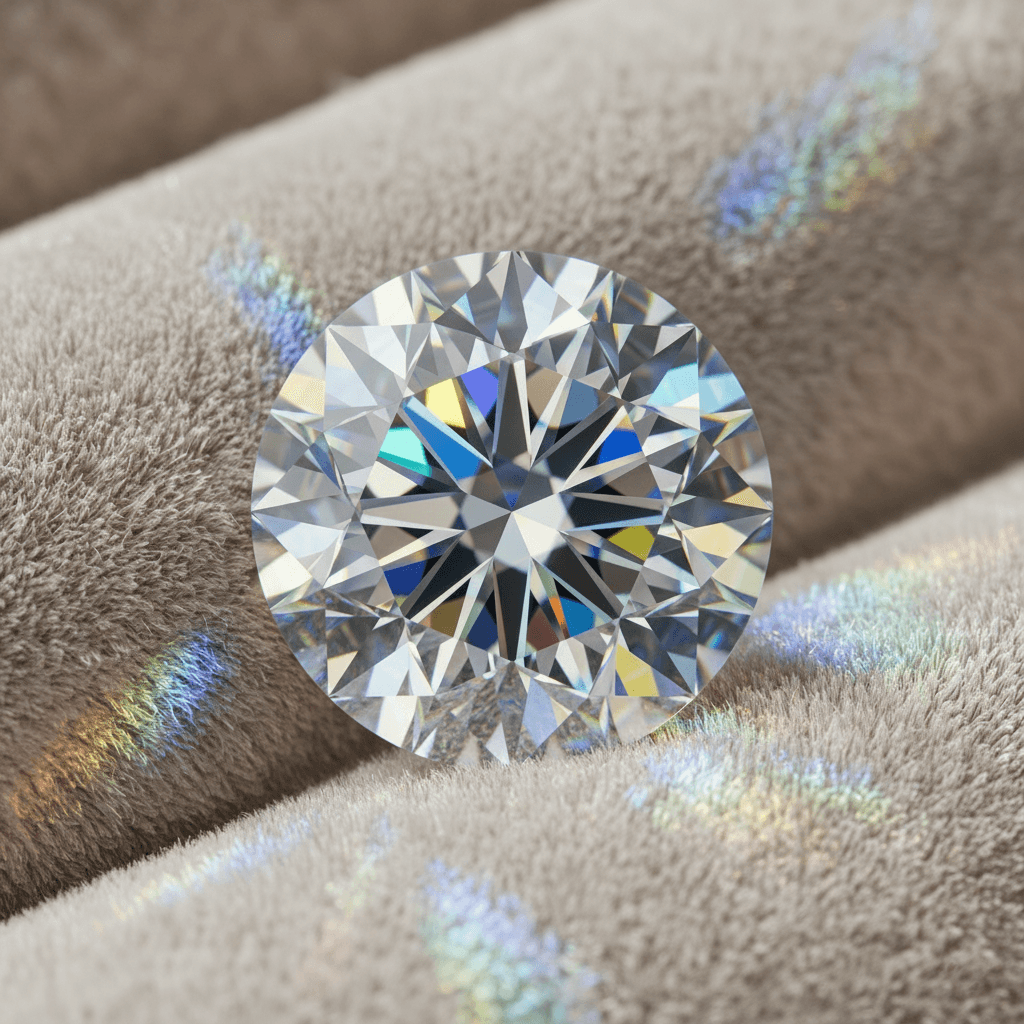 Macro photograph of a brilliant-cut diamond showing fire and brilliance